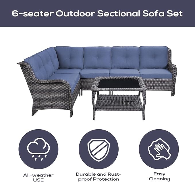Outdoor Furniture Sectional Sofa L Shaped Couch - Patio Wicker Furniture Set with Coffee Table, 3 Piece Rattan Patio Conversation Sets with Blue Cushion for Deck Backyard Sunroom