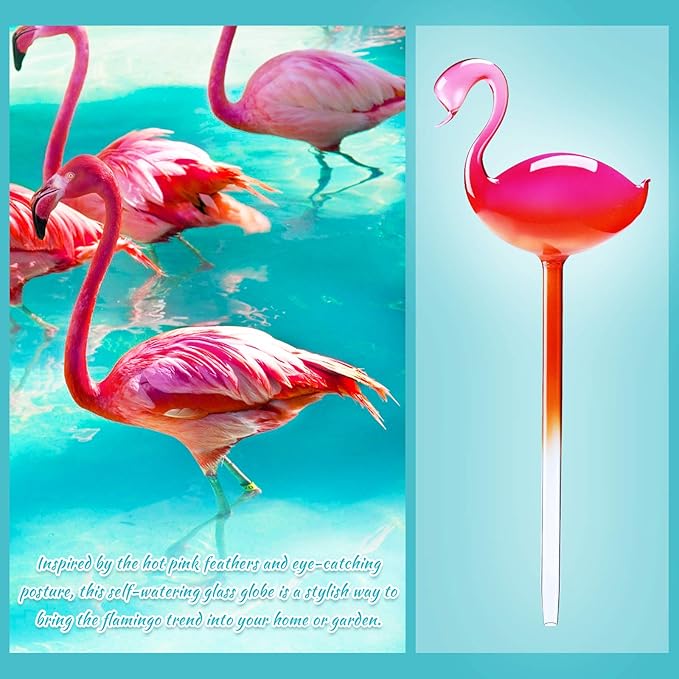 Self-Watering Glass Globes 2PCS Flamingo Gradient Hot Pink 10" Long Hand Blown Bulbs Pot Plant Waterer Home Indoor Outdoor Garden Patio Hanging Flower Spike Decorative Automatic Irrigation System