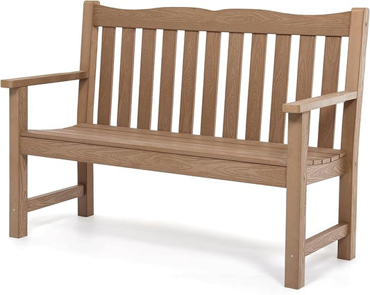 Outdoor Bench, 2-Person Poly Lumber Garden Bench, All-Weather Outside Bench with 800 lbs Weight Capacity, Never Rot or Fade, Looks Like Real Wood, Teak