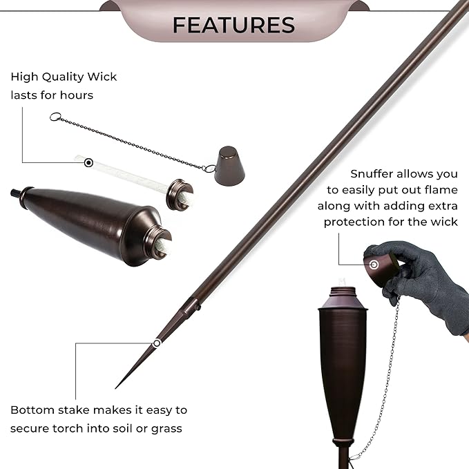 Garden Torches for Outside -Deco Home Pack of 4 Metal Garden Torches Citronella Oil for Outdoor Ambiance - Decorative and Functional Citronella Torches for Patio, Lawn, and Backyard- Bronze