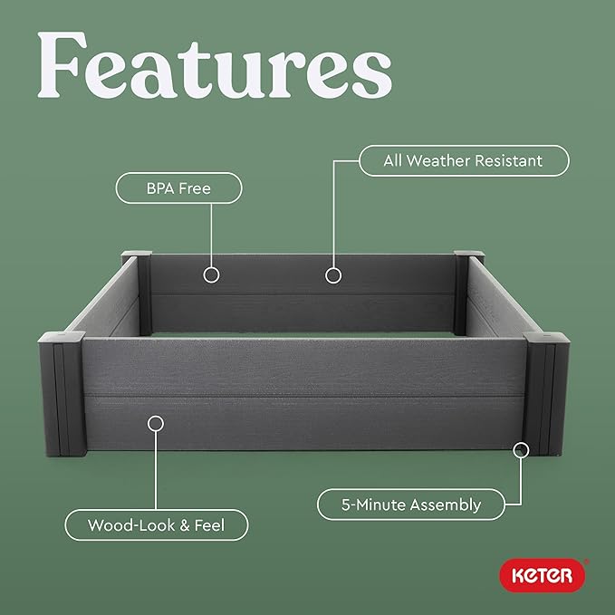 Keter 48" X 48" inches Wood Look Raised Garden Bed, Durable Outdoor Herb Garden Planter for Vegetables, Flowers, and Succulents, Grey