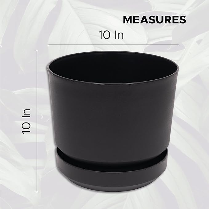 Elly Décor 10 inch Plastic Cylinder Planter Pot with Self-Watering Saucer and Drainage Hole,Lightweight & Extremely Durable, 10"x 10", Black