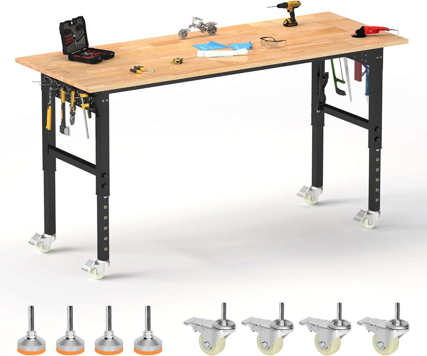 70’’ Work Bench Adjustable Workbench Heavy Duty Work Table with Power outlets, Pegboard, Wheels and Foot Pads, 2000 Lbs Capacity Hardwood Work Benches for Garage, Workshop, Office, Home