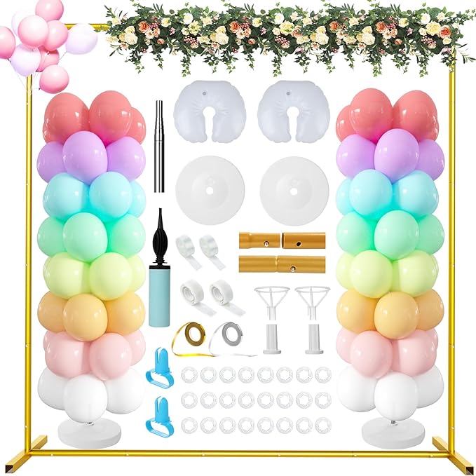 Wedding Arch Backdrop Stand 6.5FT Metal Backdrop Stand with 2 Pcs Adjustable Balloon Column Stand Gold Wedding Arch Frame for Birthday Party Graduation Baby Shower Ceremony Outdoor Supplies Décor