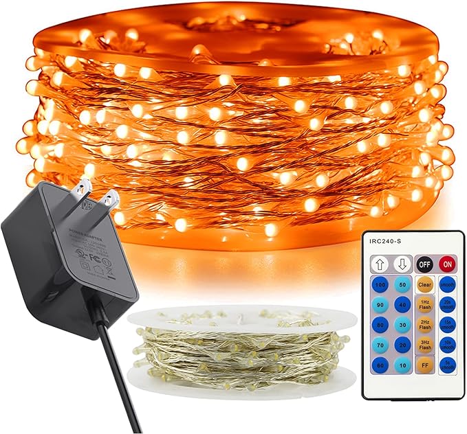 RUICHEN Orange Dimmable Fairy Lights Plug in, 99 Ft 300 LED Twinkle String Lights with Remote, Waterproof Silver Wire Firefly Lights for Bedroom, Patio, Yard, Christmas, Halloween, Party