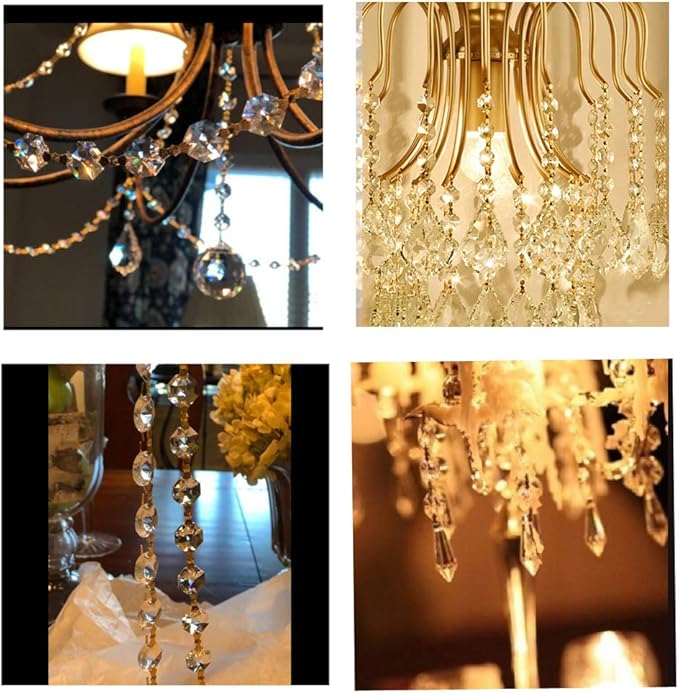 12.5 FT Crystal Glass Strand, Garland Octagon Beads Chandelier Crystal Prism Replacement for Hanging Clear with Golden Clips