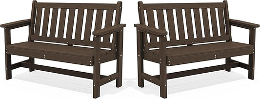 SERWALL Outdoor Bench, HDPE Outdoor Benches Weatherproof, 2-Person Garden Bench with 660 lbs Weight Capacity, Patio Benches for Outdoors, Garden, Porch, Backyard and Park, Coffee, 2 Pack