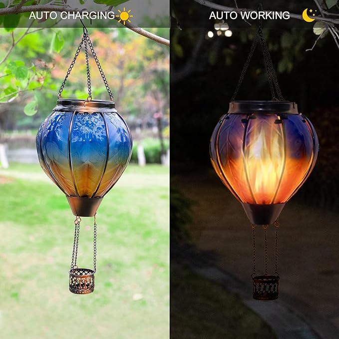 pearlstar Hot Air Balloon Solar Lantern with Flickering Flame Light, Outdoor Solar Hanging Lights Waterproof for Garden Yard Patio Farmhouse Decoration,Stained Glass Blue