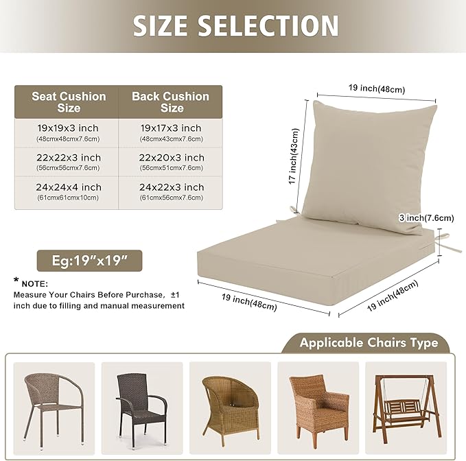 Outdoor Cushions for Patio Furniture, Waterproof Outdoor Chair Cushion w/Fade-Resistant, Removable & Machine-Washable Cover, 22x22 Inch, Deep Seat Sofa/Couch Pad Replacement – Set of 2, Cream