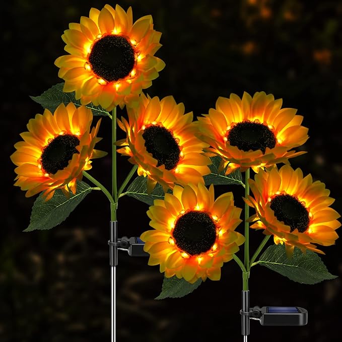 Solar Sunflower Lights, 800mA Solar Garden Light with Real Looking Flowers Outdoor Waterproof Solar Stake Lights for Back Yard, Flower Bed, Pathway, Patio, Porch, Fall Decoration (4 Pack)