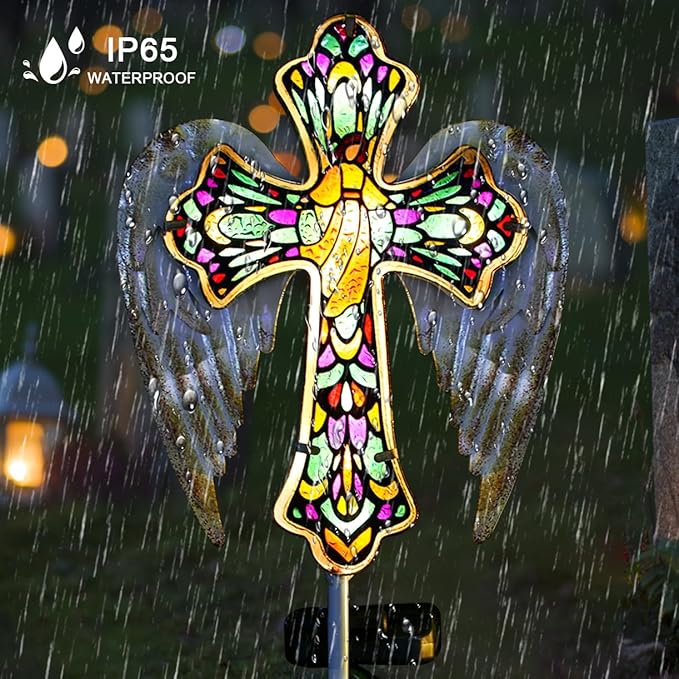 TEDOF Solar Glass Cross Stake Lights Outdoor Garden Lights,Cemetery Decorations for Grave,Jesus Cross Angel Wings Memorial Gifts for Mom,Yard Lawn Garden Patio Christmas Decor
