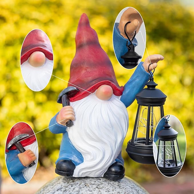 Garden Gnome Statue Solar Light Outdoor Decorations Figurine with Lantern Led Shovel Sculpture Lawn Patio Yard Porch Outside Christmas Housewarming Gifts for Women Mother's Day Grandma