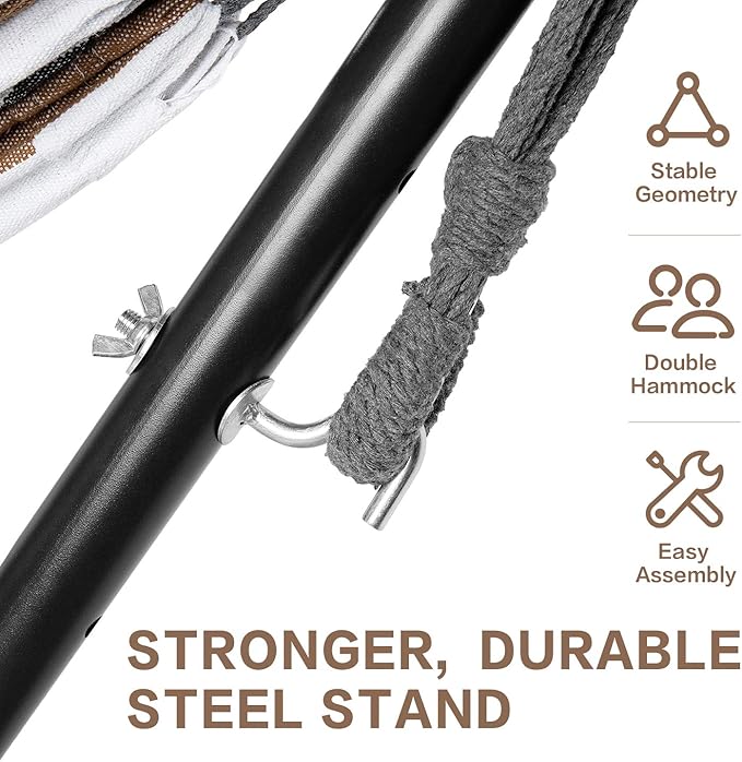 PNAEUT Double Hammocks with Stand for Outside, Portable Space Saving Heavy-Duty Steel Stand for Indoor Outdoor Patio with Carrying Bag, 450 lbs Capacity (Coffee)