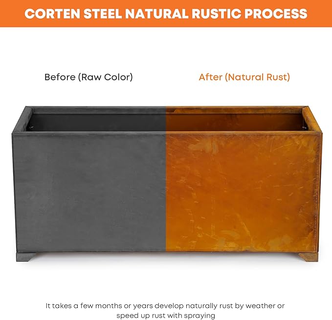 Stanbroil Corten Steel Planter Box for Outdoor Patio - 32 X10 X16 Inch Large Rectangular Metal Planter Box with Natural Rusty and Drainage Holes for Raising Flower, Plants