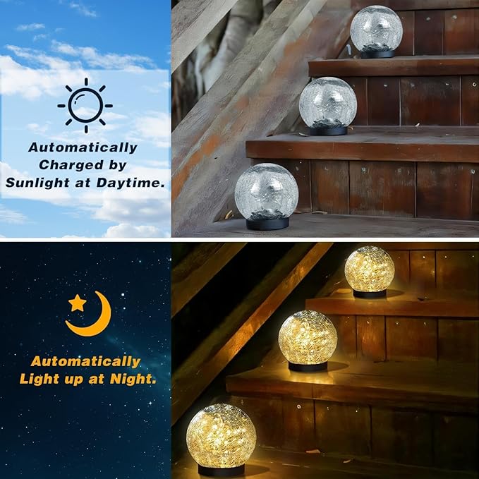 Solar Garden Lights Outdoor Waterproof, 6 Pack LEDs Cracked Glass Ball Light, Ground Landscape Garden Decor, Solar Globe Decorative for Pathway/Patio/Lawn/Yard (Warm White, 3.9")