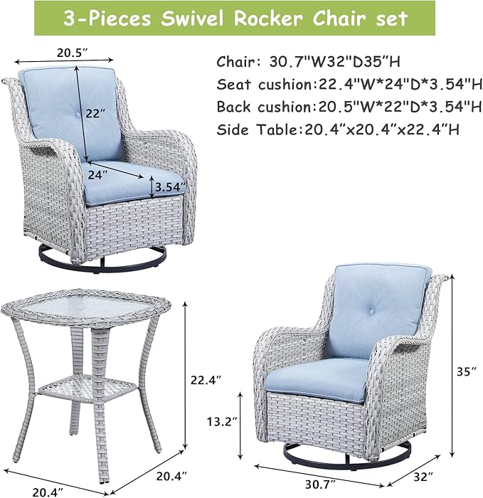 Outdoor Patio Swivel Rocker Chairs - 3 Piece Patio Bistro Set,Wicker Patio Furniture Set with 2 Swivel Rocking Chairs and 1 Glass Top Side Table for Deck Porch Garden,Light Grey/SkyBlue