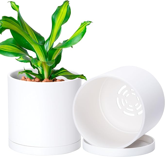 D'vine Dev 2 Pack 5.5 Inch Modern Plastic Plant Pots, Small Garden Planters for Plant with Drainage Holes and Saucers, White Color, 74-Z-H-1