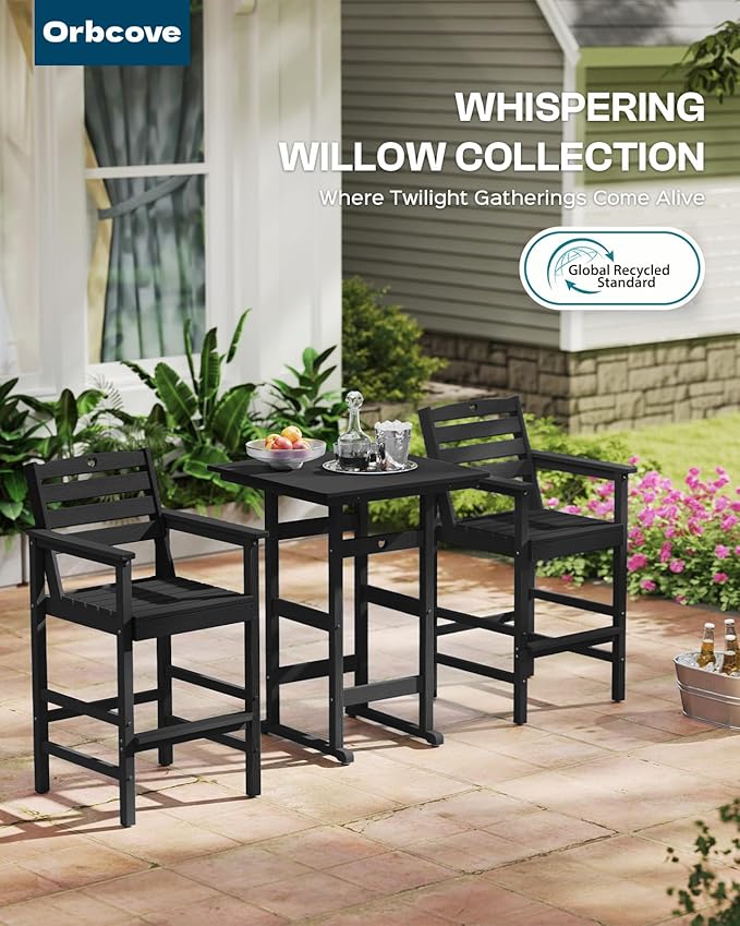 Tall Adirondack Chairs Set of 2, HDPE Wood Balcony Adirondack Chairs Set with Heart Cutout Design, Weather-Resistant Bar Height Furniture for Deck, Porch, Pool (Black)