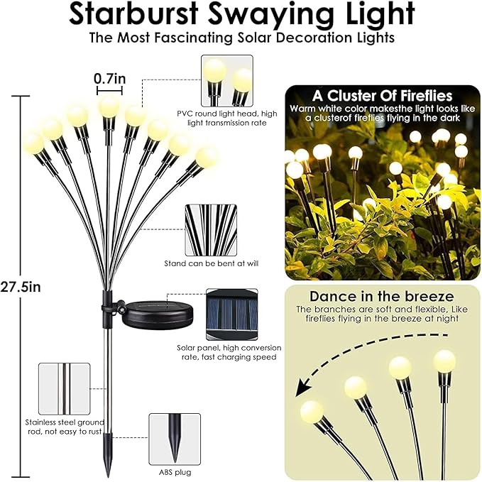 OZS 12Pack Total 96LED Solar Garden Lights - Solar Lights Outdoor, Solar Firefly Lights, Solar Swaying Light, Sway by Wind, Solar Lights Waterproof for Garden Patio Pathway Decoration(Warm White)