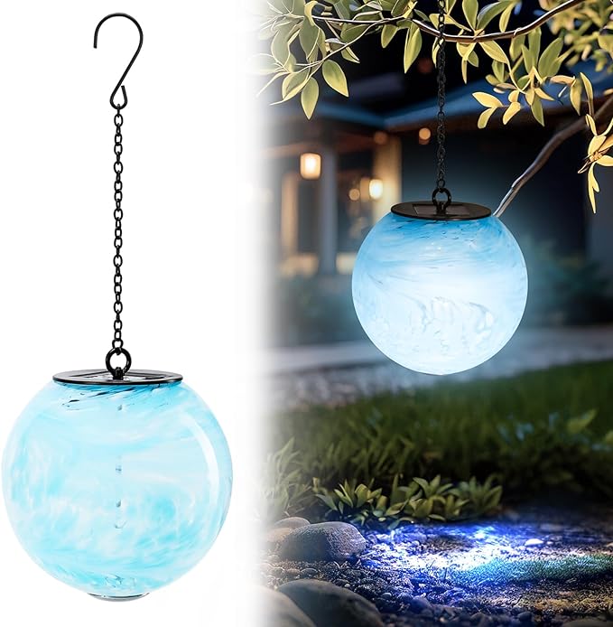 VCUTEKA Solar Chandelier Outdoor, Hanging Glass Solar Light with Hook Up, Garden Lanterns Decor for Yard, Tree and Patio, Blue