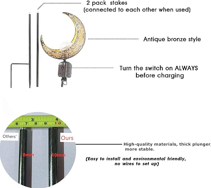SunKite 1 Pack Garden Solar Light Outdoor Metal Moon Shape Lamp with Waterproof Crackle Glass Globe for Garden,Lawn,Patio,Pathway or Courtyard