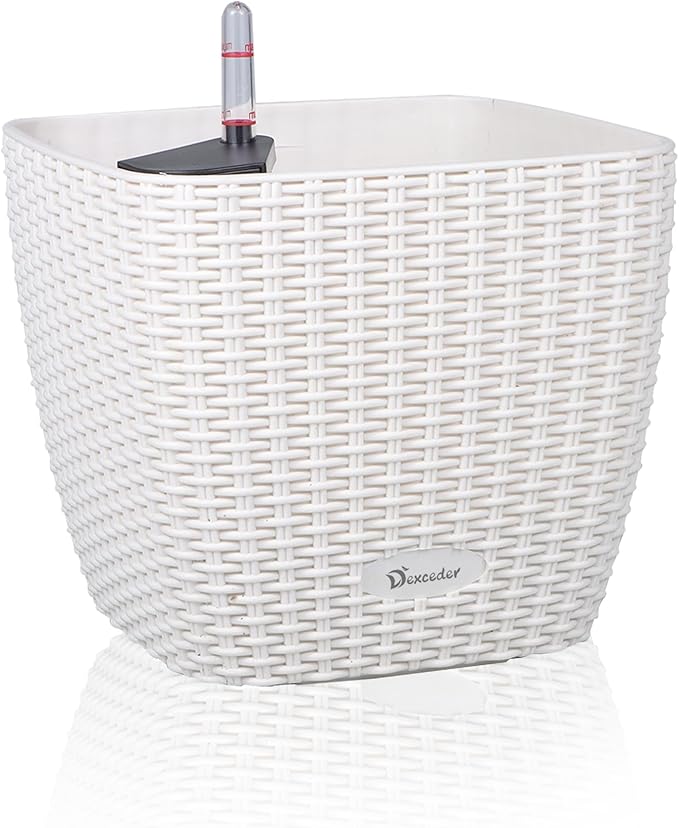 Dexceder 9x8 Self Watering Planter Indoor Outdoor, Inner Mat Design, Thickened Table Flower Plant Pot with Water Level Indicator (Ivory White Rattan)