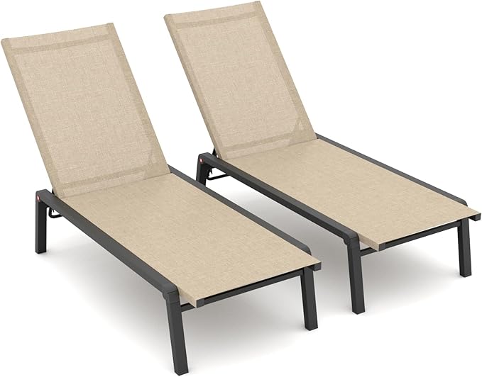 Patio Chaise Lounge Set of 2 with 4 Adjustable Backrest, Foldable Aluminum Chaise Lounge Chair Recliner for Outdoor, Poolside, Sun Tanning Flaxen