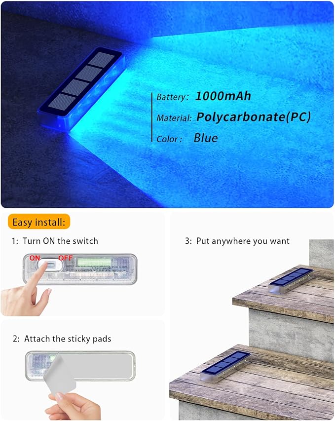 Solar Step Lights for Outside, 2 Pack Solar Stair Lights, Blue Outdoor Deck Light Waterproof, Outdoor Light Solar Powered for Deck, Dock, Pathway, Porch, Path, Ground, Backyard