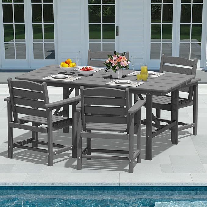 Patio Dining Set for 4 with Umbrella Hole - 66" Outdoor Table & 4 Chairs, All-Weather HDPE Outdoor Furniture for Lawn, Garden, Backyard, Poolside, Gray