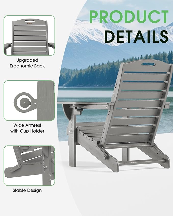 Adirondack Chairs Set of 2, Outdoor Fire Pit Chairs, HDPE All-Weather Adirondack Chairs with Cup Holder, Lawn Chair for Deck, Patio, Garden (Grey)