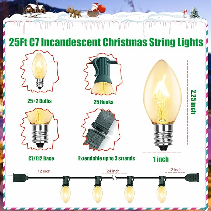 C7 Clear Christmas Lights, 25Ft Outdoor Christmas String Lights with 27 Warm White Incandescent Bulbs, Connectable Vintage Christmas Lights for Outdoor Patio Christmas Party House Decorations, Green