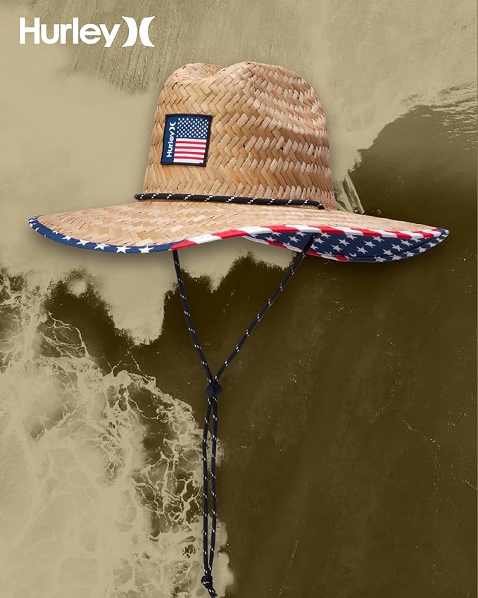 Hurley Men's Straw Hat - Wide Brim Channel Island Lifeguard Hat - Stylish Sun Hats for Men with Chin Strap