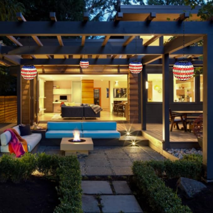 American Flag Solar Hanging Lanterns Outdoor Waterproof Glass Mosaic Gazing Ball Globe Hanging Lantern Lights for Patio Garden Yard Home Decor (Red)