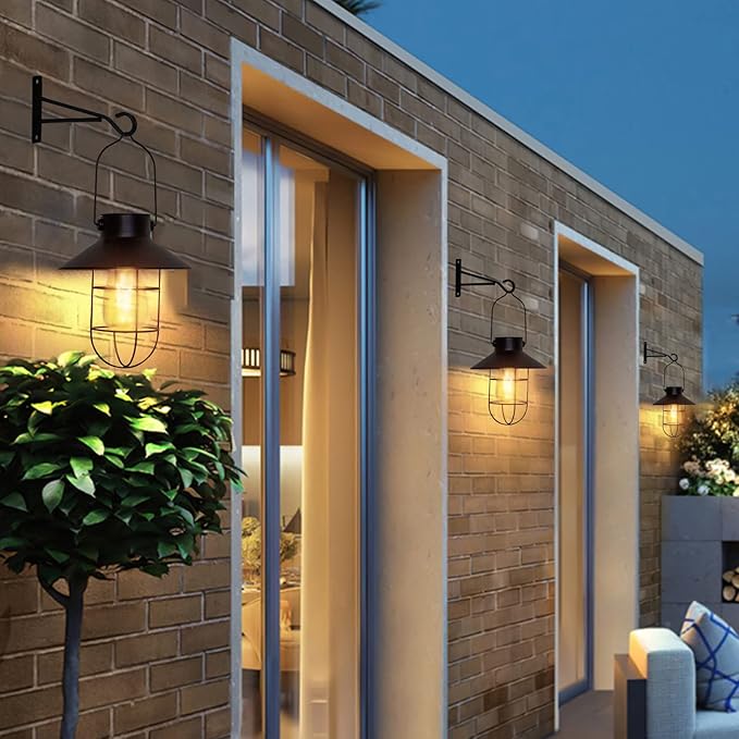 pearlstar Solar Lanterns Outdoor Metal Solar Powered Hanging Lights Waterproof for Wall Yard Garden Patio Garage Balcony Porch Fence Decor, Warm White Edison Bulb,with Wall Mount Kit（Black-1pack）