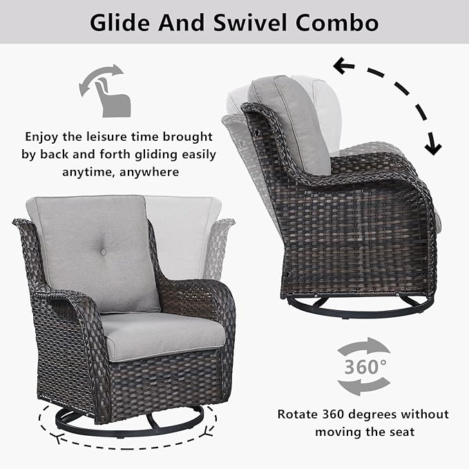 Wicker Outdoor Furniture Patio Furniture Set - 6 Piece Patio Conversation Set with Swivel Rocker Chairs, Loveseat Sofa, Ottomans and Coffee Table, Gray Cushion