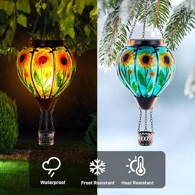 Starsoul Sunflower Hot Air Balloon Solar Lantern - Glass Outdoor Flickering Flame Light, Waterproof Hanging Lamp for Garden, Patio, Yard, Party Decor