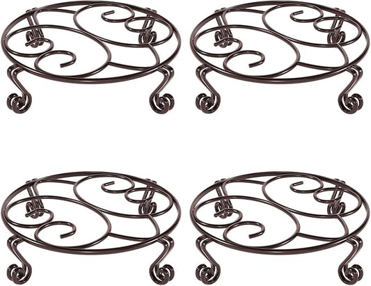 Yimobra 4 Pack Plant Stand for Flower Pot Heavy Duty Potted Holder Indoor Outdoor Metal Rustproof Iron Garden Container Round Supports Rack for Planter (4PC Brown 9.4 x 2 IN)