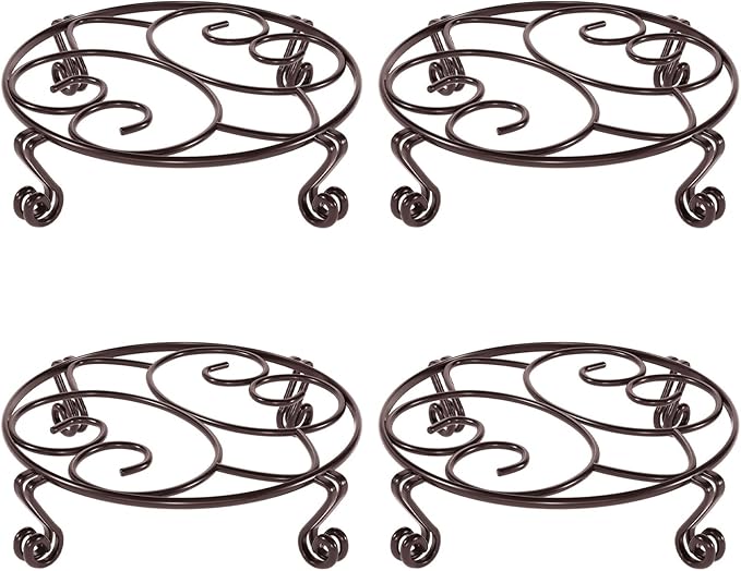 Yimobra 4 Pack Plant Stand for Flower Pot Heavy Duty Potted Holder Indoor Outdoor Metal Rustproof Iron Garden Container Round Supports Rack for Planter (4PC Brown 11.8 x 3.1IN)