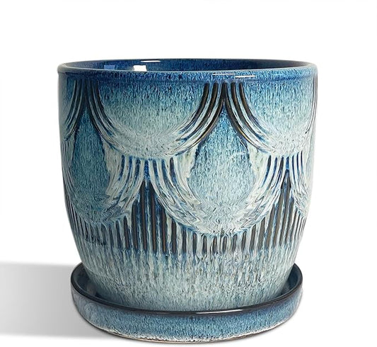 Plant Pots Indoor, Ceramic Planter, 6in Plant Pot, Plant Pots with Drainage Holes and Saucers, Flower Pots for Indoor Plants, Reactive Glaze Blue