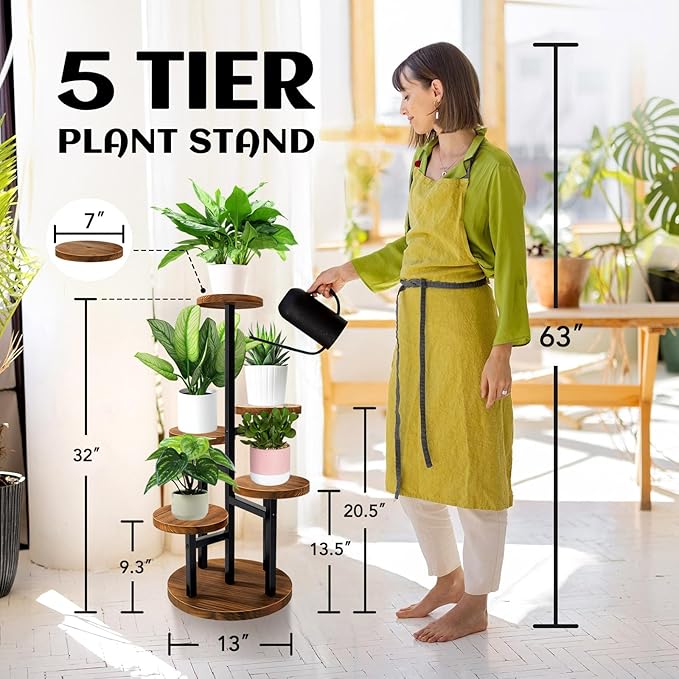 AUGOSTA 5 Tier Plant Stand, Tall Metal Wood Shelf Holder for Indoor Plants, Outdoor Garden Plant Display Rack Flower Pot Stand for Corner Living Room Balcony Garden Patio