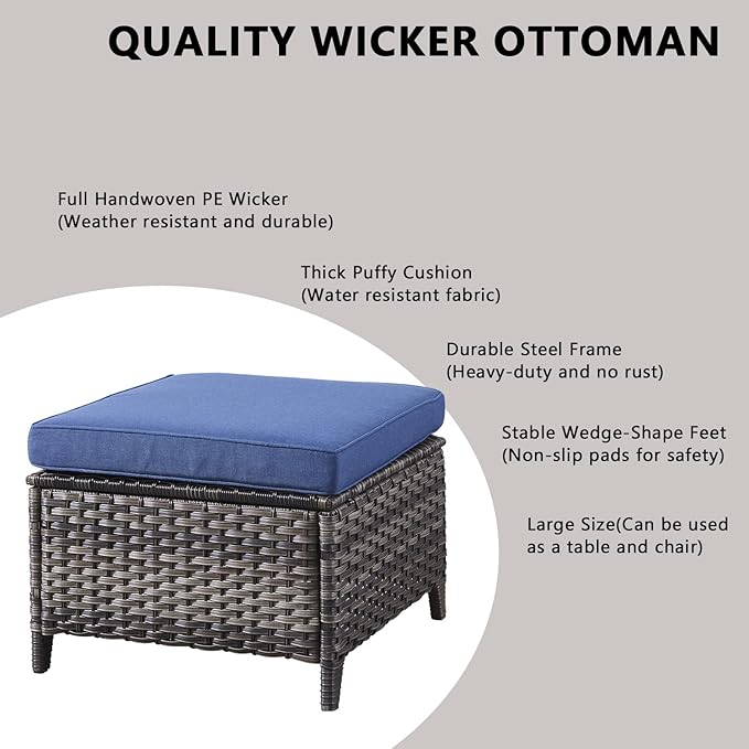 Outdoor Wicker Patio Furniture Set - 6 Piece Rattan Patio Conversation Set with 2 Rocking Swivel Chairs,2 Ottomans,1 Sofa and 1 Coffee Table for Porch Deck Backyard Garden(Mixed Grey/Blue)