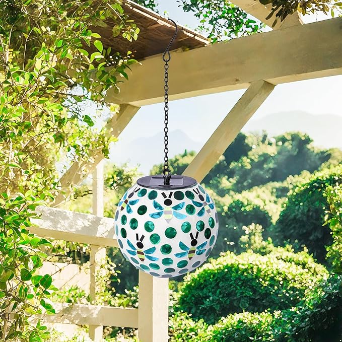 VCUTEKA Solar Chandelier Outdoor, Hanging Mosaic SolarLights with Hook Up, Solar Garden Lantern Decor for Yard, Deck and Patio, Green