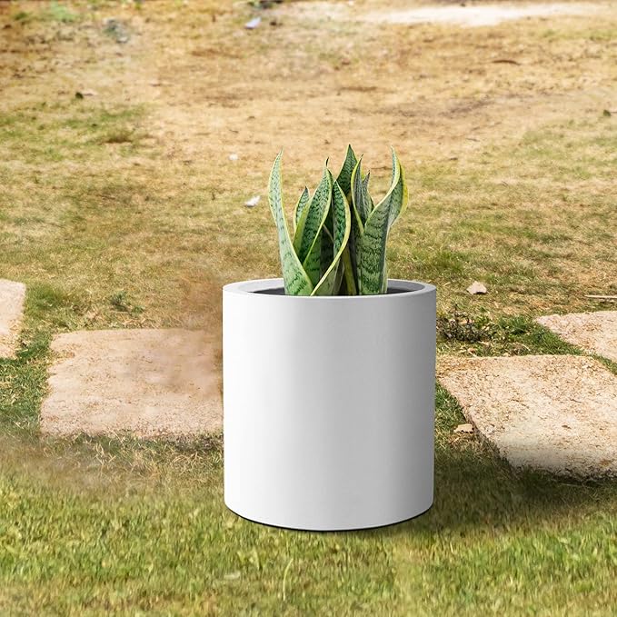 Kante 9.8" Dia Round Concrete Planter, Modern Style Large Cylindrical Plant Pot with Drainage Hole and Rubber Plug for Indoor Outdoor Patio, Pure White