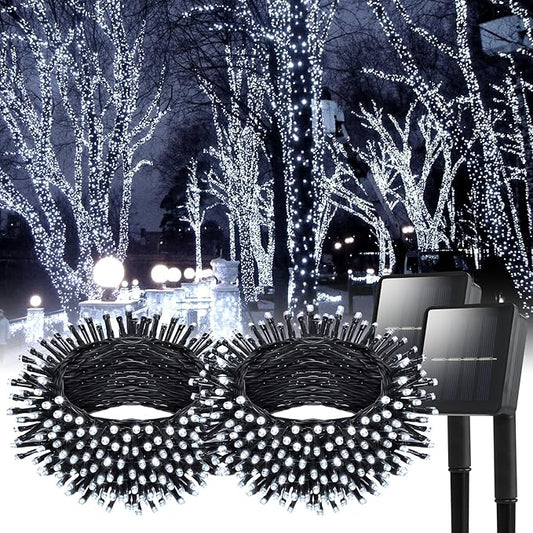 Solar String Lights Outdoor, 2 Pack 200 Led Solar Fairy Lights for Outside Waterproof 145ft Cool White Solar Lights 8 Lighting Mode Solar String Lights for Outside,Garden,Courtyards,Trees