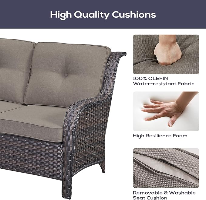 Outdoor Sectional Furniture Sofa Set with Propane Fire Pit Table, Wicker Patio Conversation Set with 2 Swivel Rocker Glider Chairs Grey Cushion Perfect for Backyard Casual Gathering