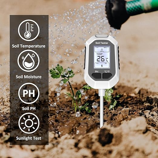 4-in-1 Soil Moisture Meter Digital Plant Temperature/Soil Moisture/PH Meter/Sunlight Intensity Backlight LCD Display Soil Test Meter for Gardening, Farming and Outdoor Plants
