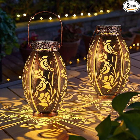 pearlstar 2 Pack Solar Lantern Hanging Light Outdoor Waterproof Decorative Metal Solar Lamp for Table Garden Yard Patio Balcony Pathway,Copper,Perfect Gift for Women/Mom/Men,Cardinal-2