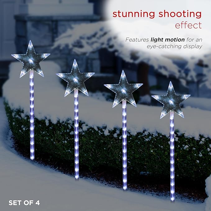 Alpine Corporation Holiday Décor Shooting Star Garden Stake with LED Lights, 4-Pack, Christmas Decoration