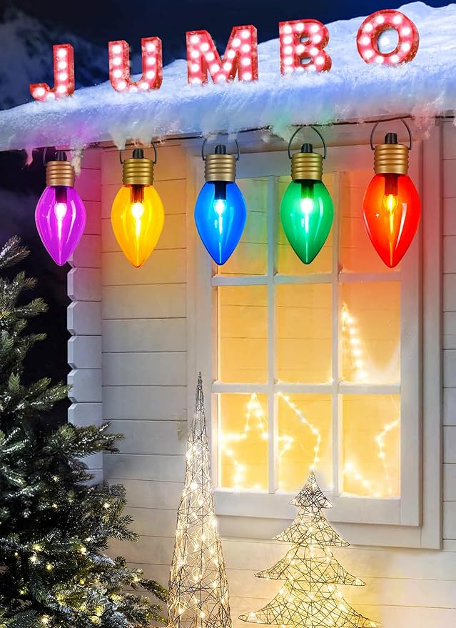 Jumbo C9 Christmas Pathway Lights Outdoor - 2 Pack Total 17 Feet 10 LED C9 Walkway Lights, Multicolor Jumbo Lights Christmas Bulb Lights Outdoor Decorations for Lawn Holiday Outside Yard Garden