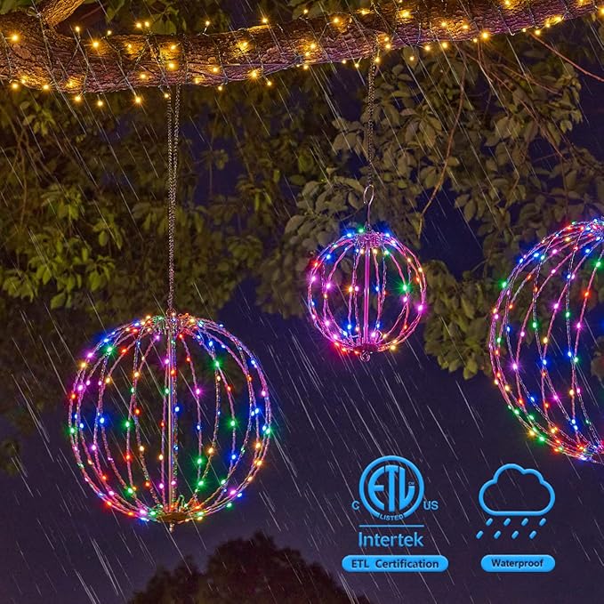 Christmas Ball Sphere, 20IN 200LED Hanging Tree and Pathway Light With Hook and Stake, Foldable Metal Frame Ball for Outdoor Garden, UL Listed, Brown Frame, RGB